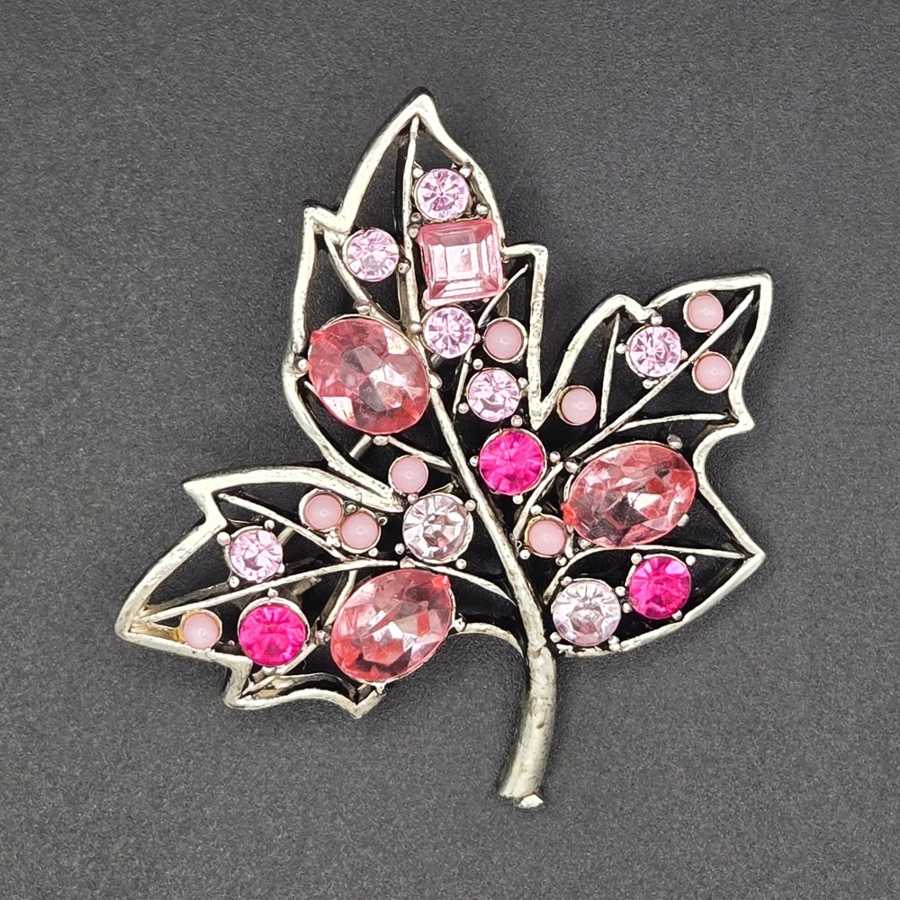 Vintage 2" Silver Tone Leaf Brooch Pin Shades of Pink Rhinestones